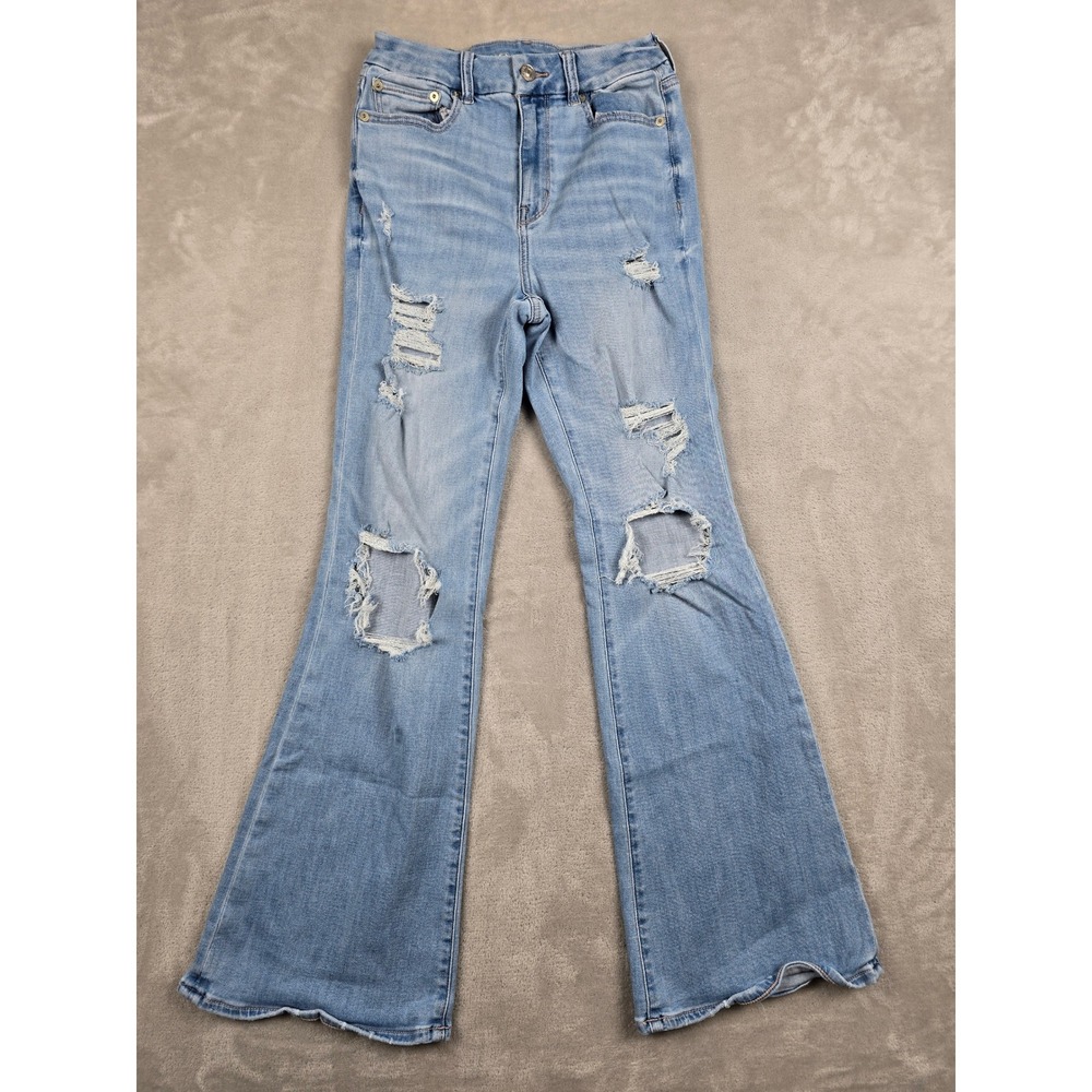 American Eagle Flare Jeans Womens 2 Light Blue Distressed Curvy Super High‎ Rise